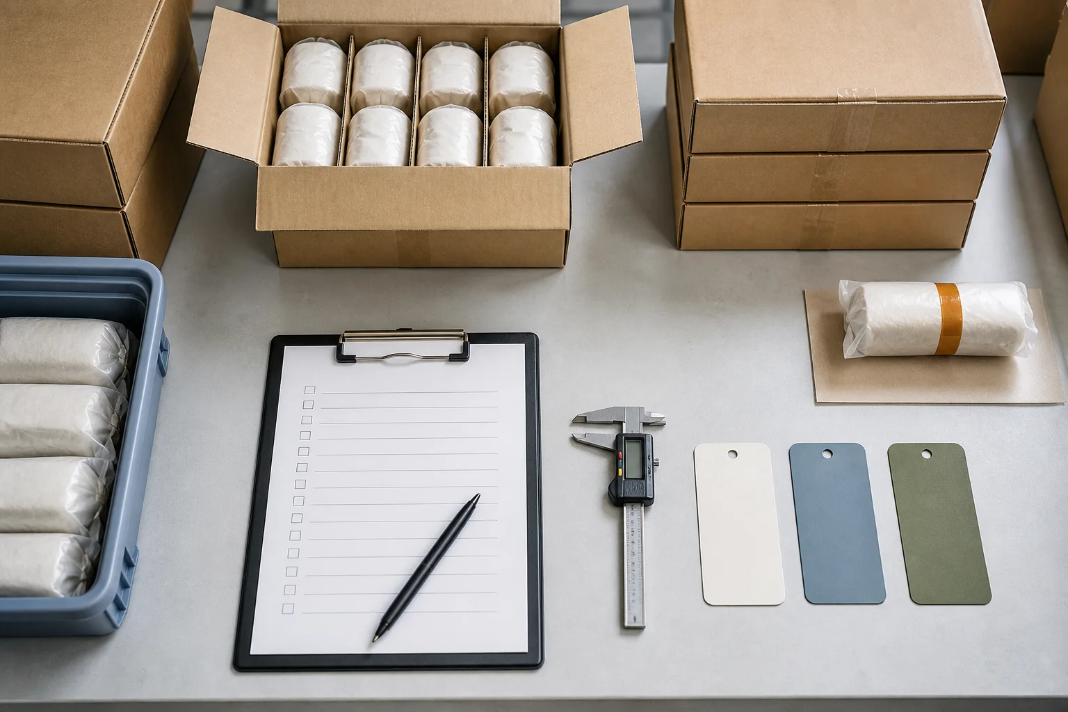 Packed products and inspection checklist prepared for a shipment decision