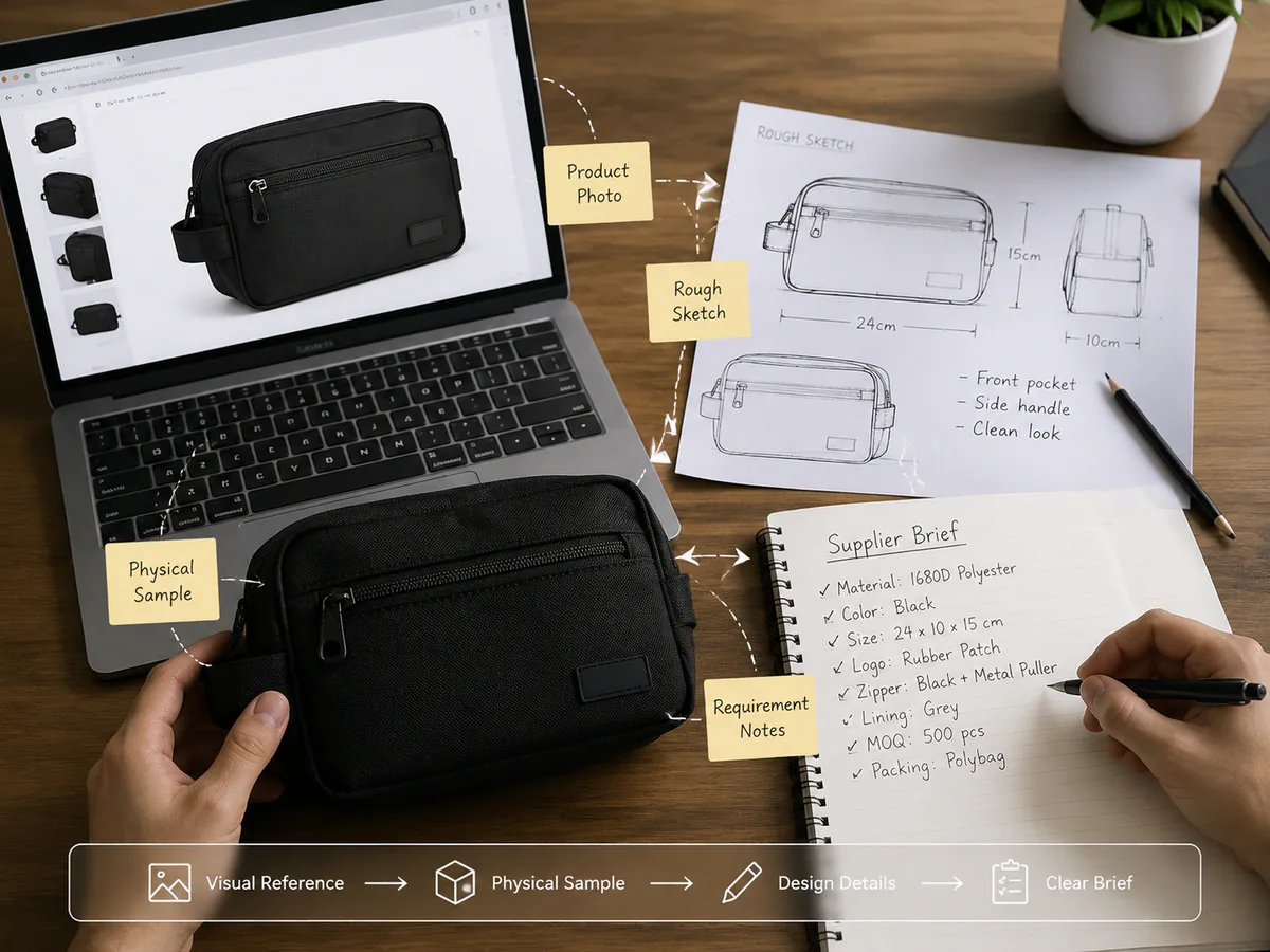 Sourcing desk with a product photo, physical sample, drawing and open specification questions