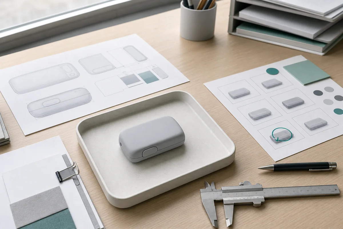Versioned product sample beside an approval checklist and specification sheet
