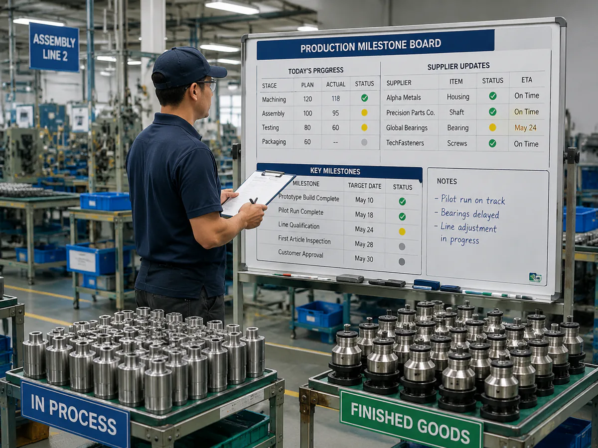 Production follow-up with manufactured components, milestone records and an open issue